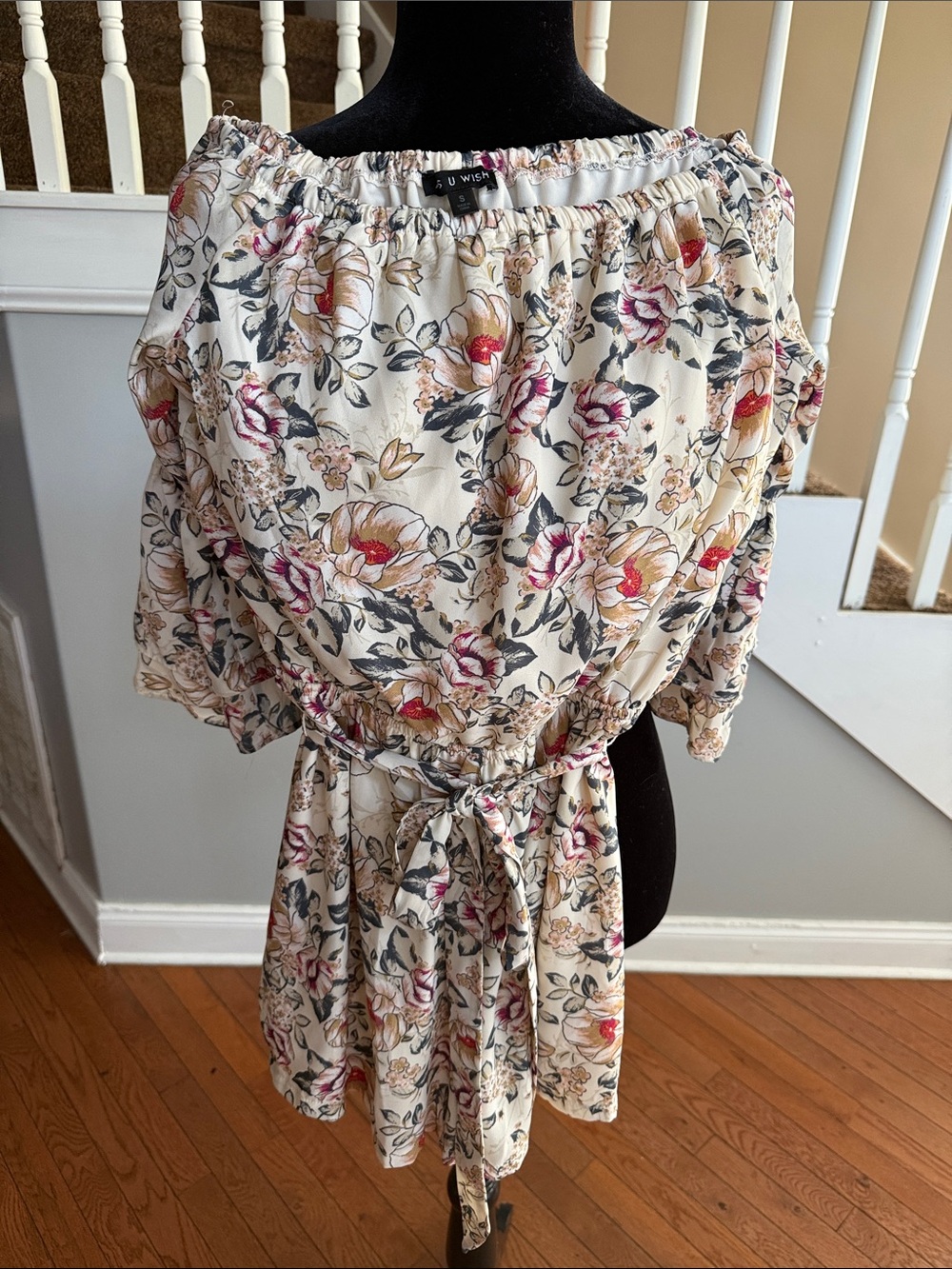 As U Wish Cream Floral Off-Shoulder Tie-Waist Dress with Pink Accents